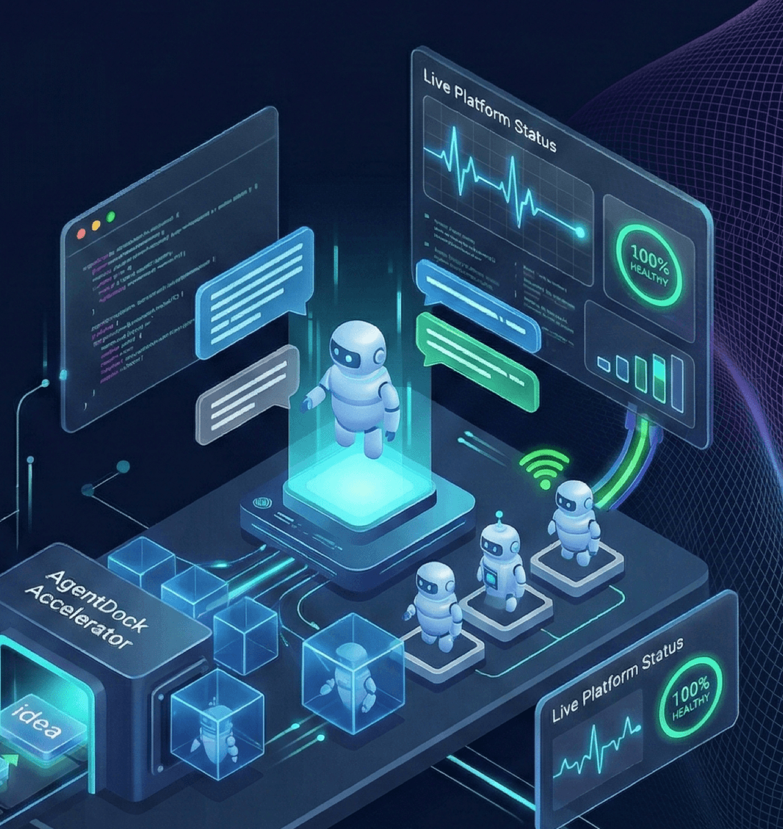 Deployment assembly line visual showing ideas transformed into live AI agents