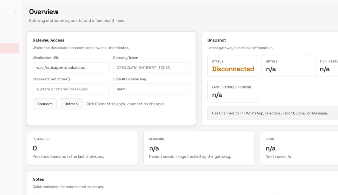 OpenClaw dashboard hosted on AgentDock